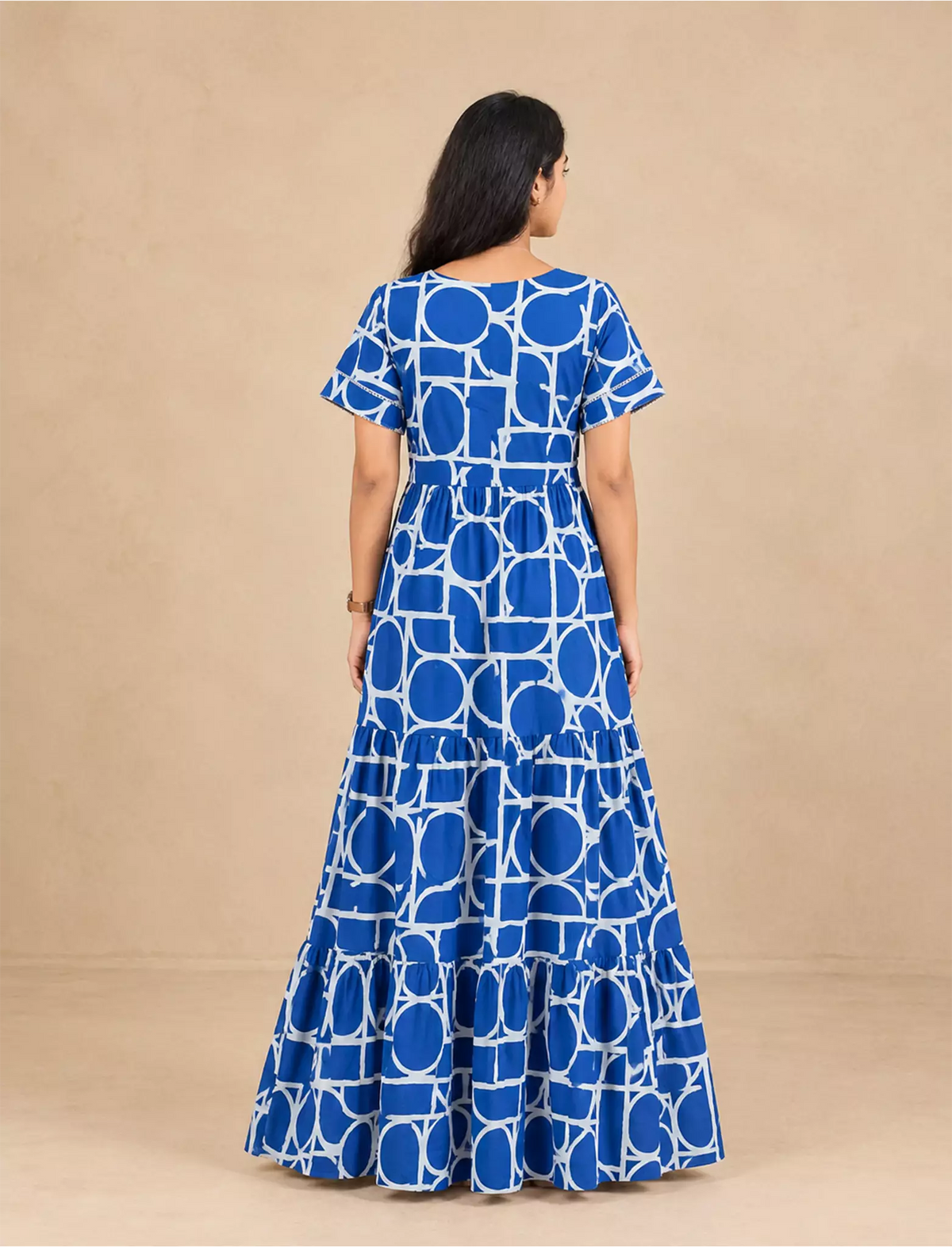 Rayon Geometric Print Front Gathering Full Frock with Layer Sleeve - Mangai Nighties