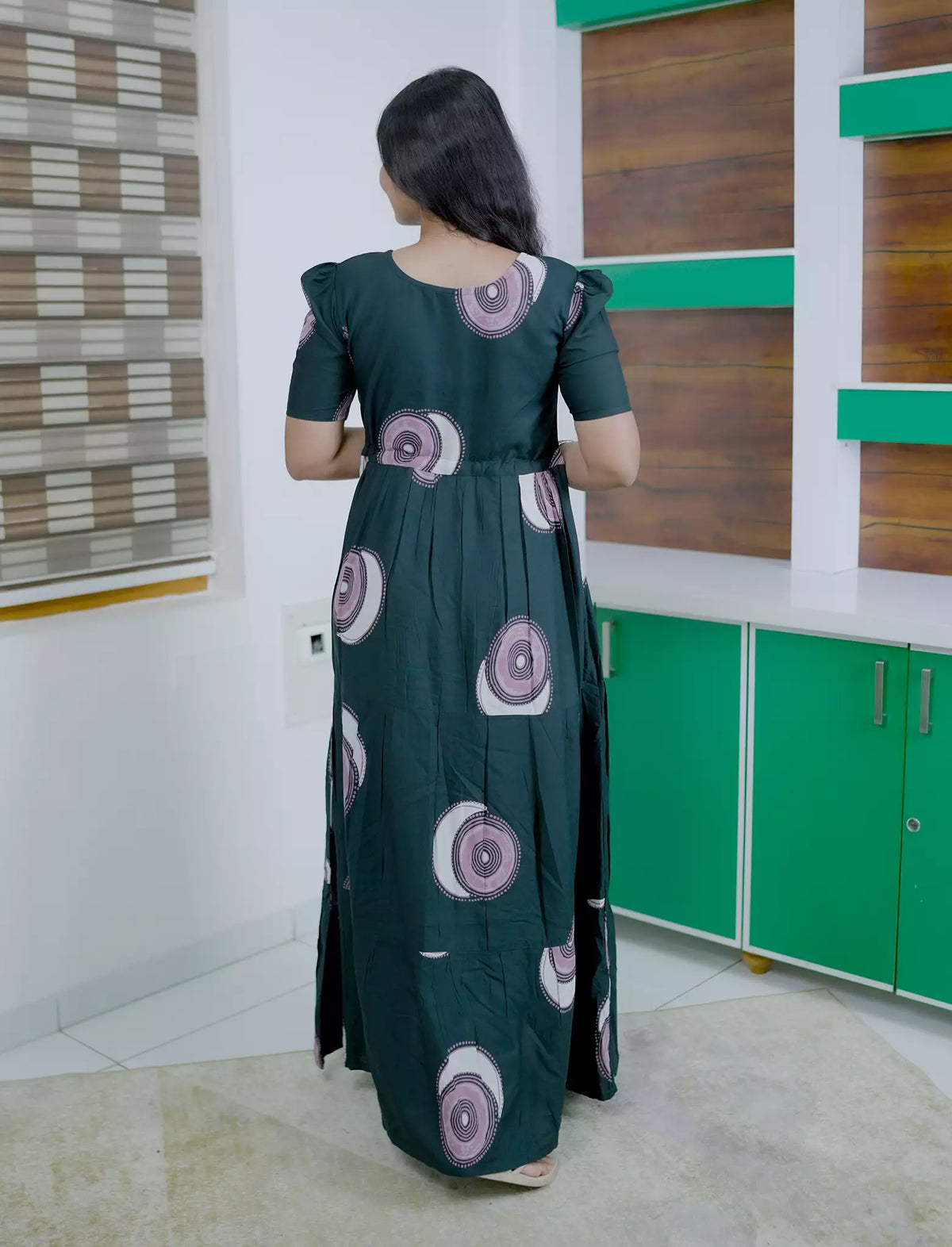 Rayon Abstract Circle Print Gathering Frock with Puff Sleeve | Mangai Nighties