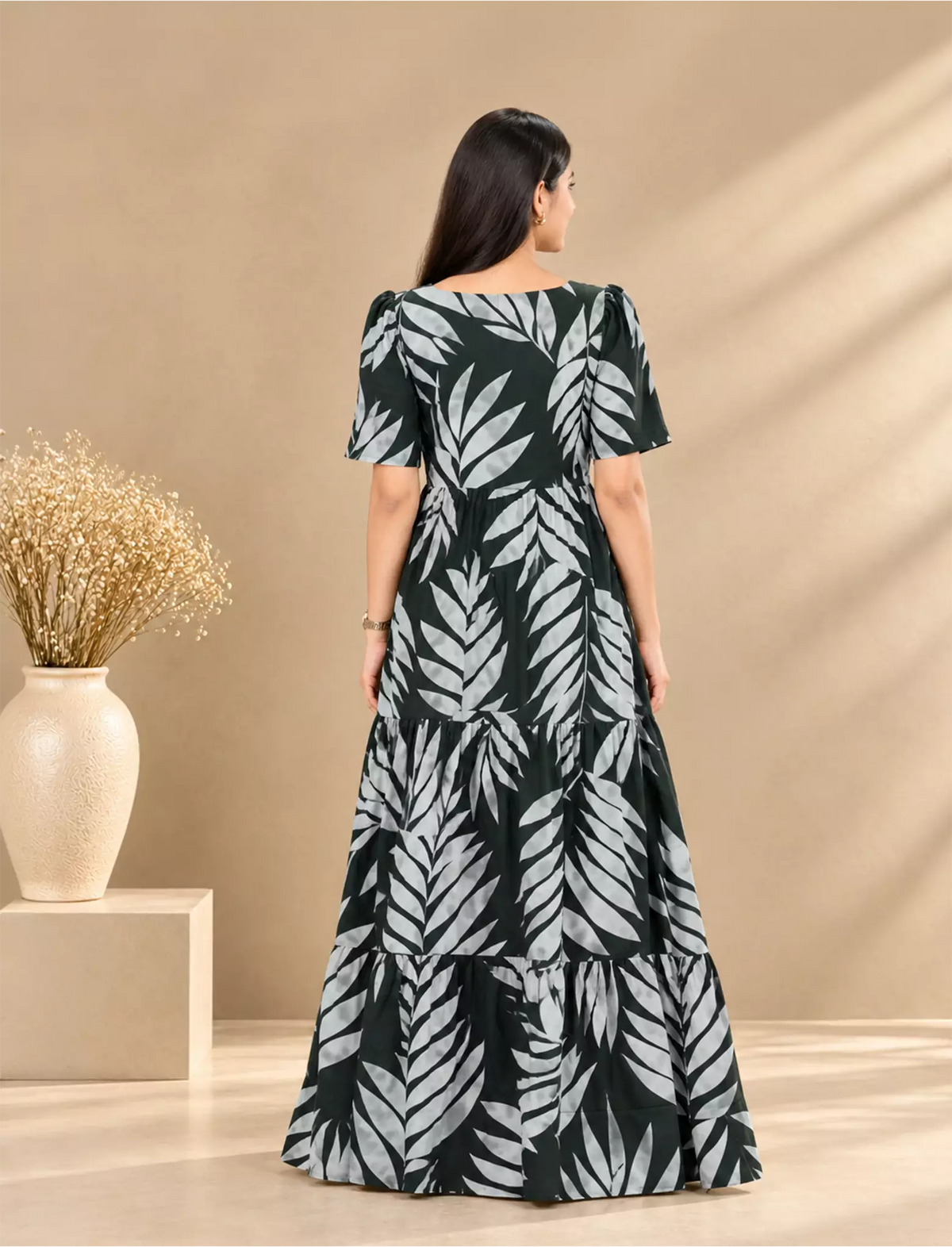 Rayon Leaf Print Rayon Puff Sleeve Gathering Frock with Front Tie | Mangai Nighties