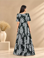 Rayon Leaf Print Rayon Puff Sleeve Gathering Frock with Front Tie | Mangai Nighties