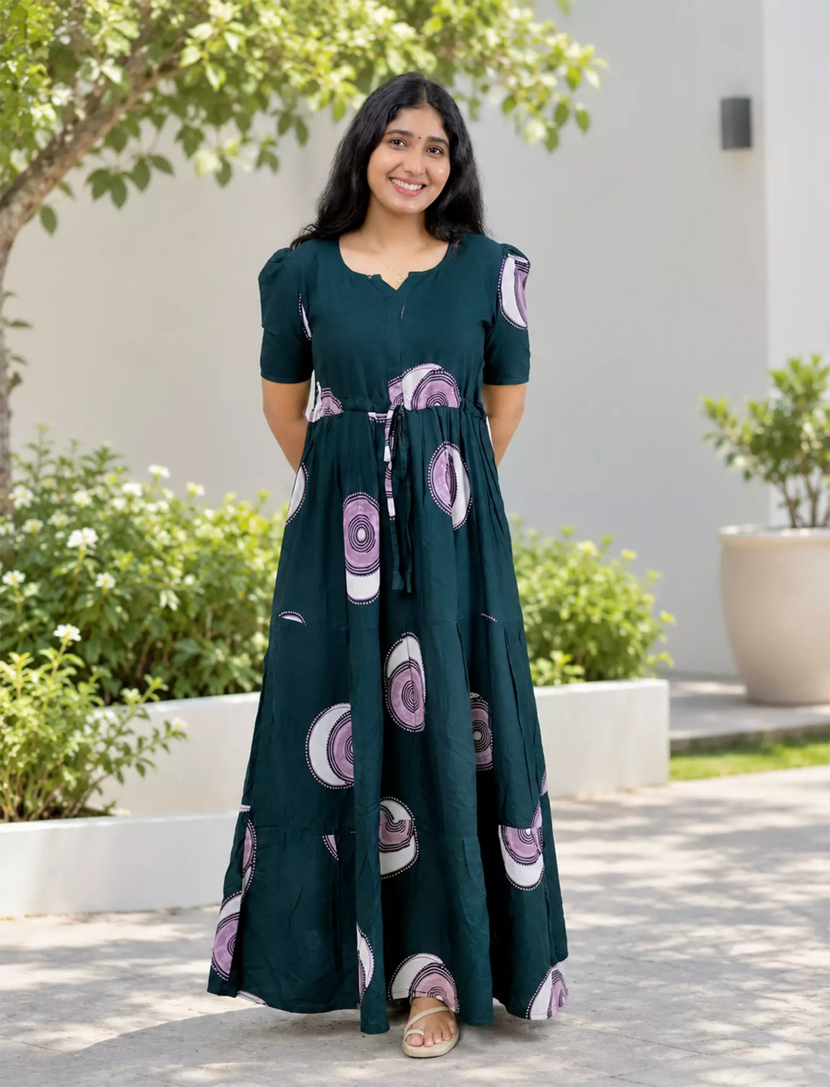 Rayon Abstract Circle Print Gathering Frock with Puff Sleeve | Mangai Nighties