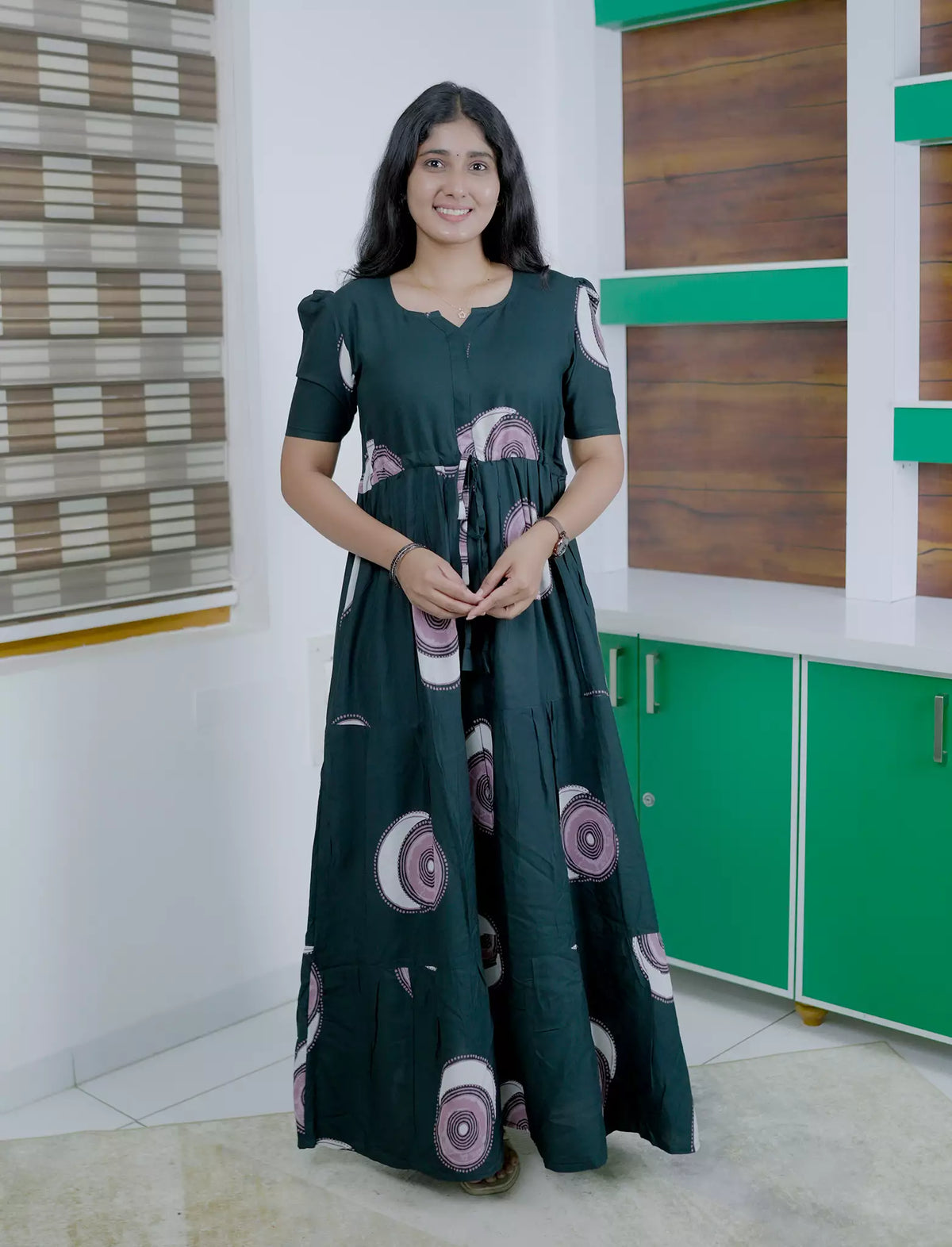 Rayon Abstract Circle Print Gathering Frock with Puff Sleeve | Mangai Nighties