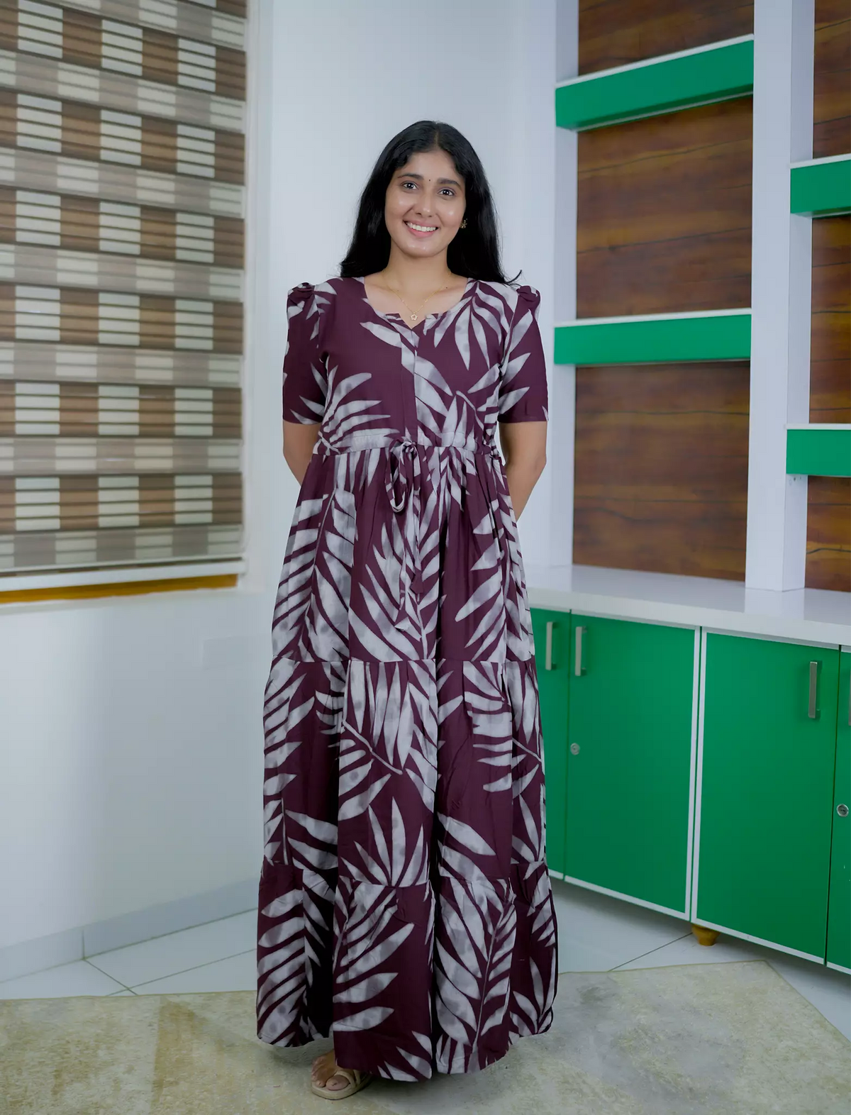 Rayon Leaf Print Rayon Puff Sleeve Gathering Frock with Front Tie | Mangai Nighties