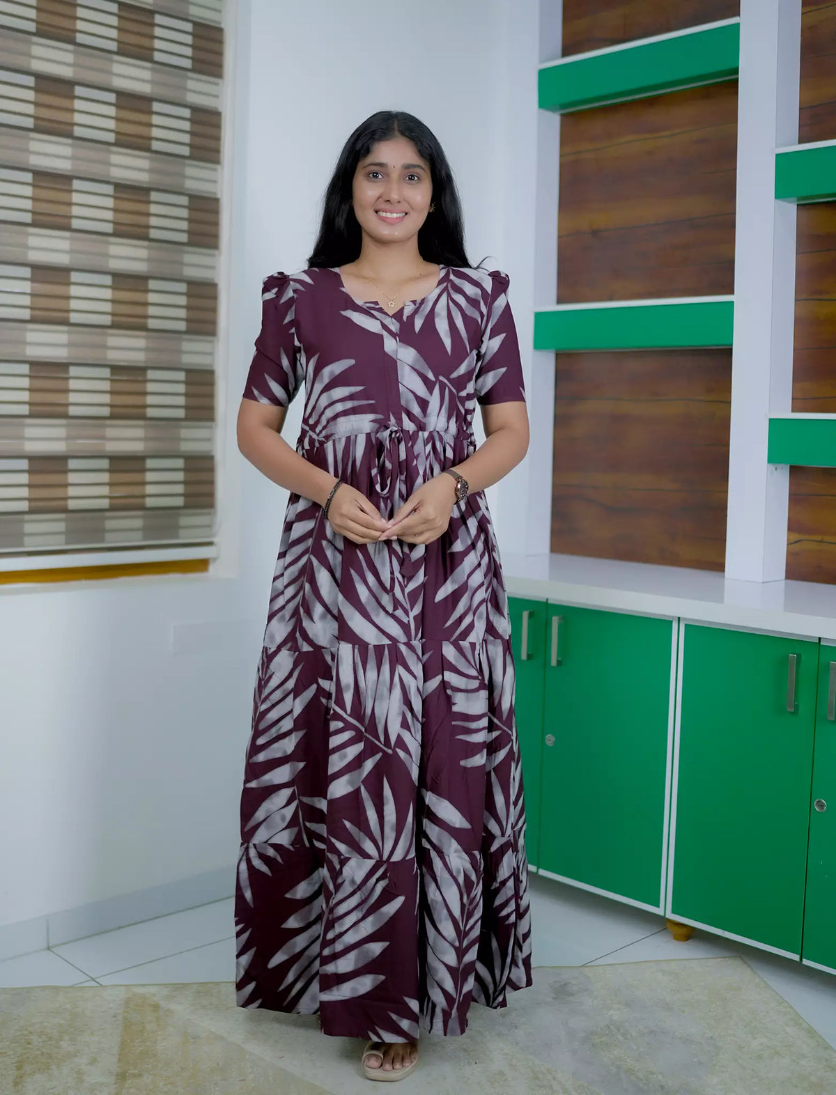 Rayon Leaf Print Rayon Puff Sleeve Gathering Frock with Front Tie | Mangai Nighties