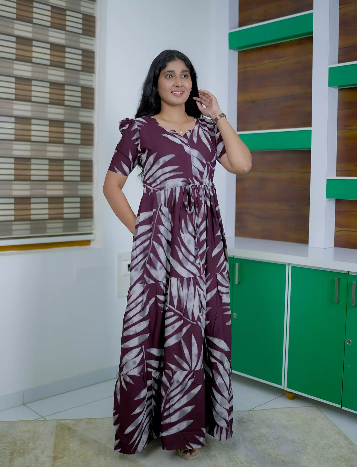 Rayon Leaf Print Rayon Puff Sleeve Gathering Frock with Front Tie | Mangai Nighties