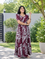 Rayon Leaf Print Rayon Puff Sleeve Gathering Frock with Front Tie | Mangai Nighties