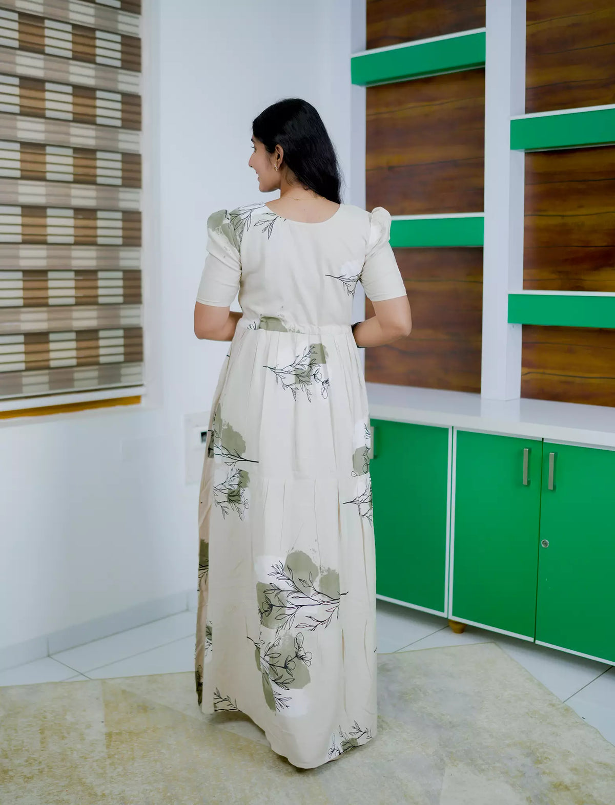 Rayon Floral Print Rayon Puff Sleeve Gathering Frock | Mangai Nighties