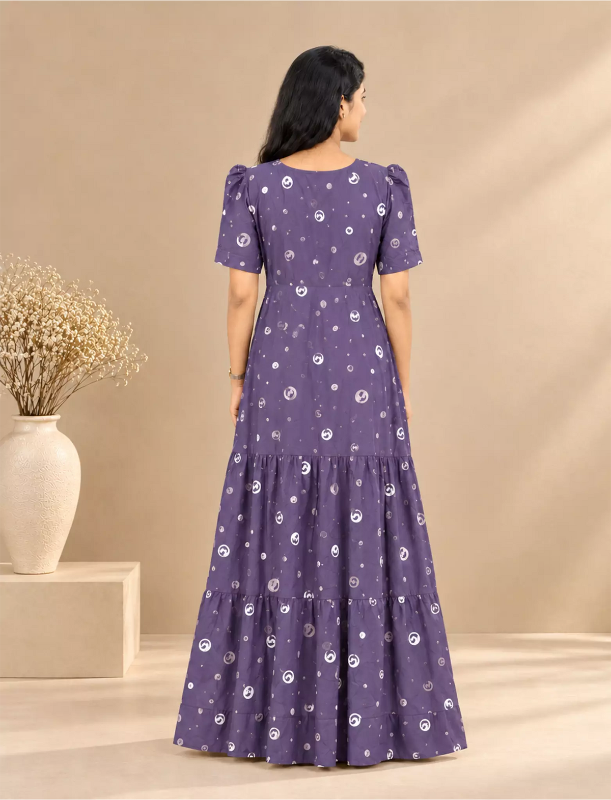 RayonAbstractCircle Print Front Gathering Rope Puff Sleeve Frock | Mangai Nighties