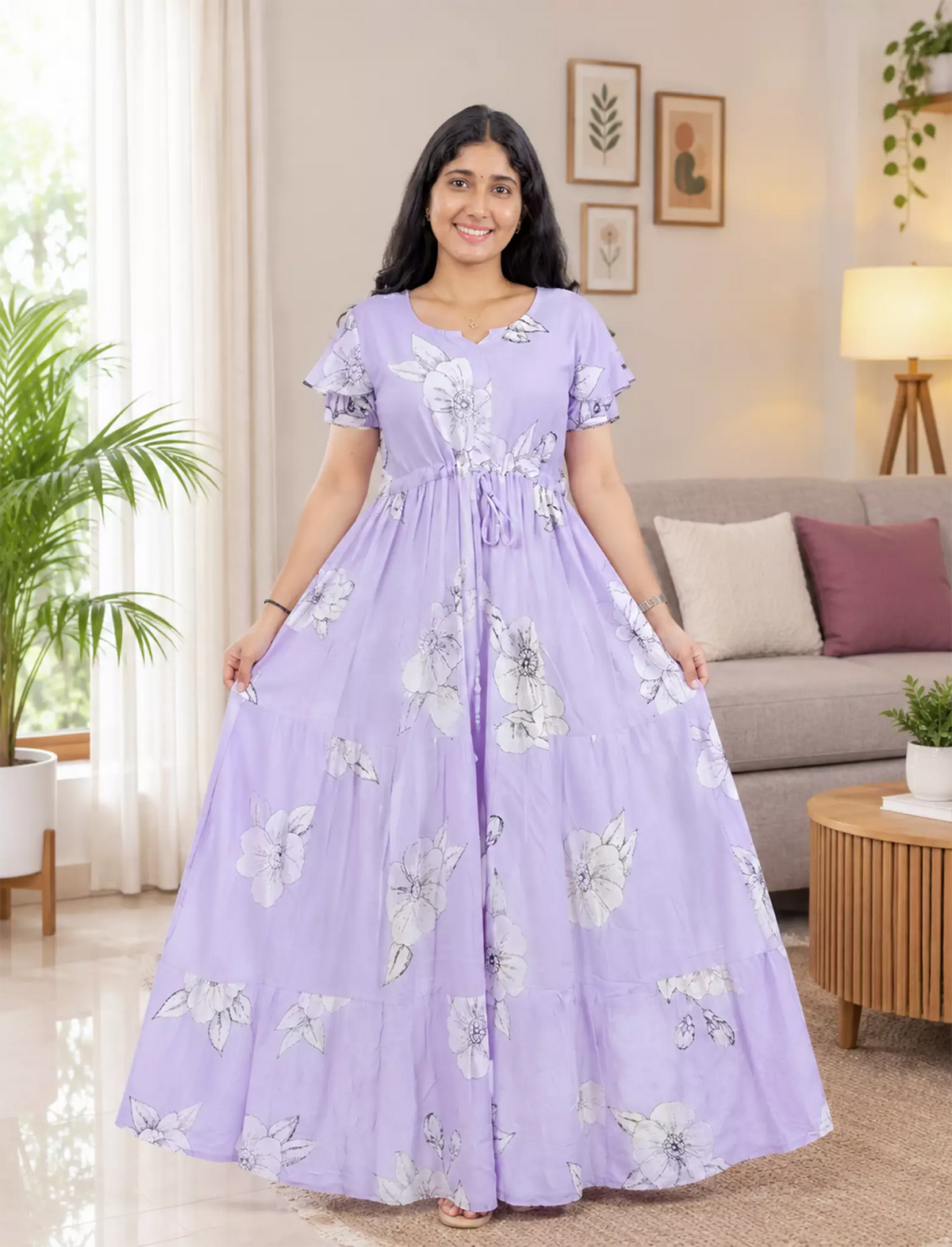Rayon Floral Print Full Frock with Front Gathering Tie Rope - Mangai Nighties