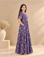 RayonAbstractCircle Print Front Gathering Rope Puff Sleeve Frock | Mangai Nighties