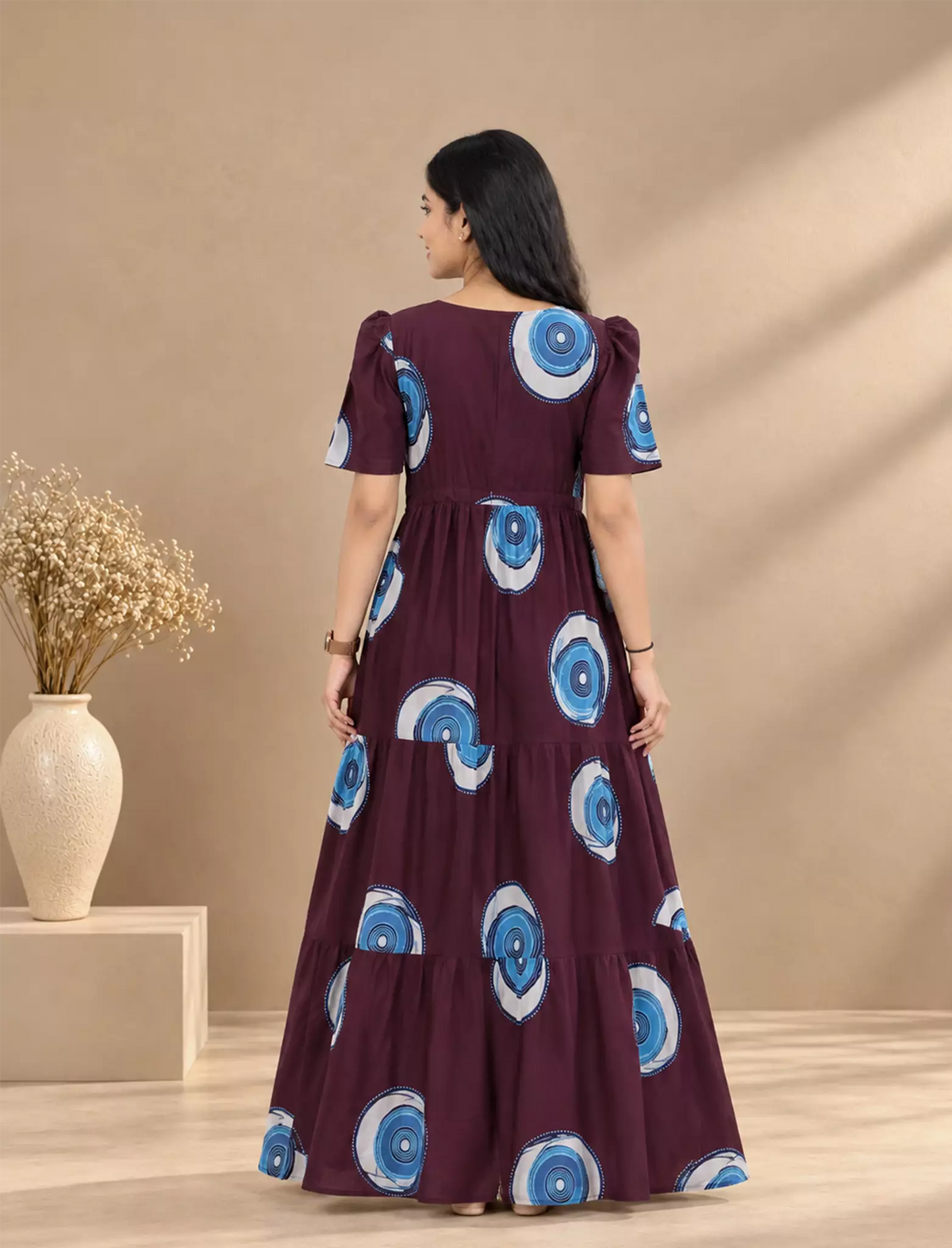 Rayon Abstract Circle Print Gathering Frock with Puff Sleeve | Mangai Nighties