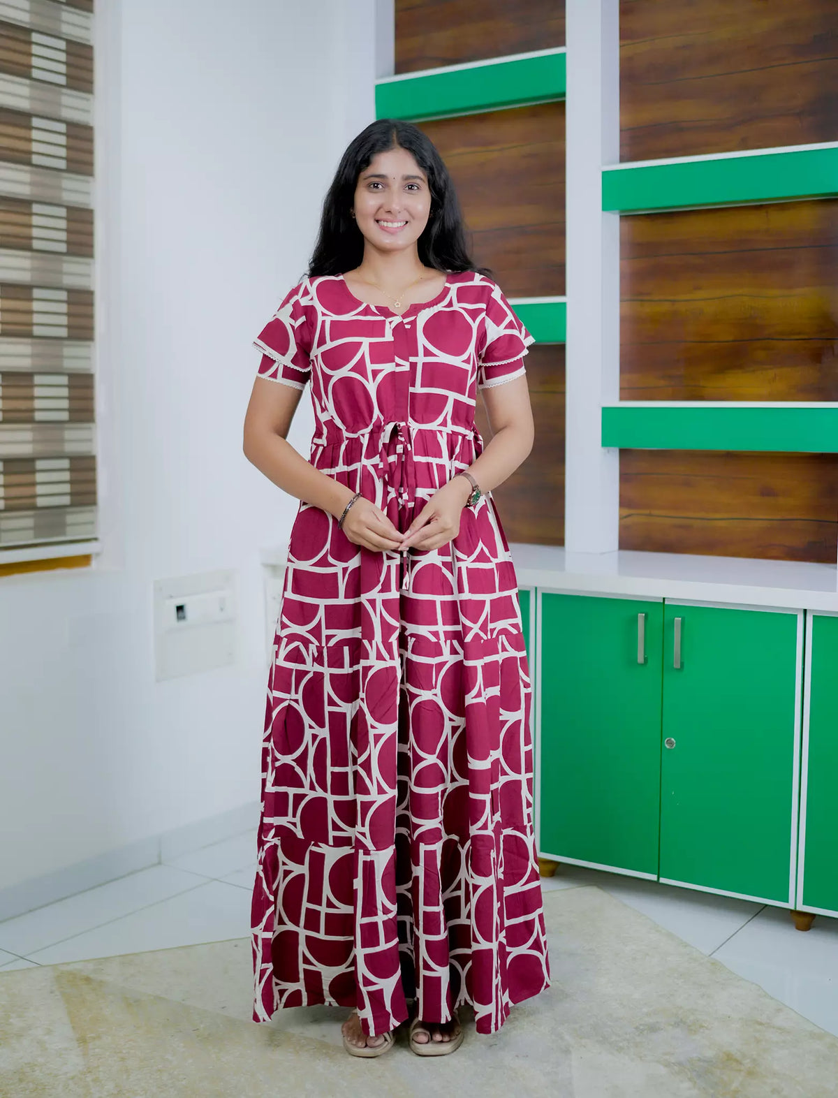 Rayon Geometric Print Front Gathering Full Frock with Layer Sleeve - Mangai Nighties