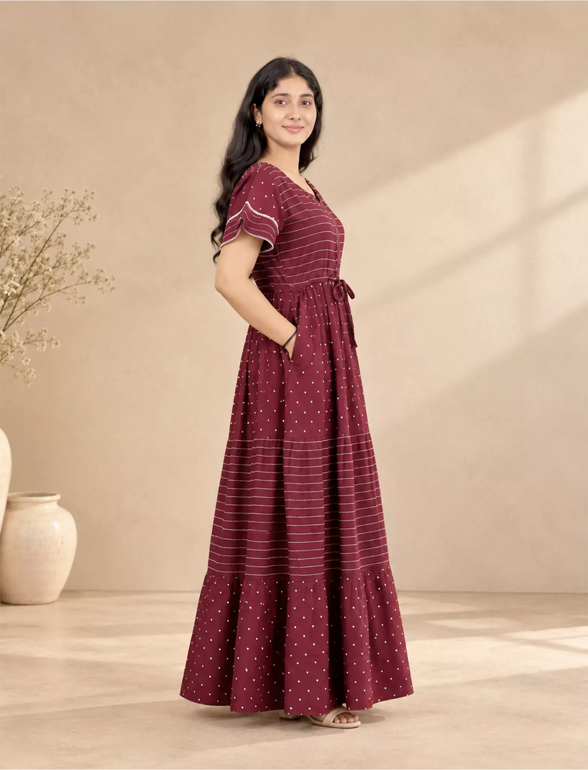 Rayon Stripe Dot Printed Full Frock with Layer Sleeves | Mangai Nighties
