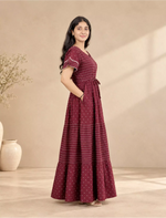 Rayon Stripe Dot Printed Full Frock with Layer Sleeves | Mangai Nighties