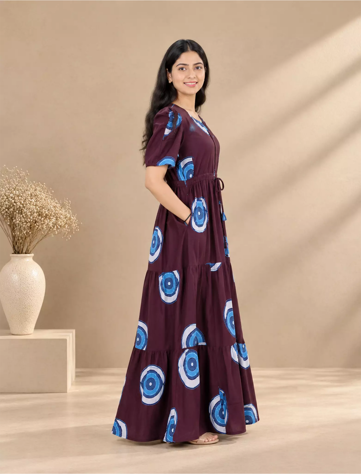 Rayon Abstract Circle Print Gathering Frock with Puff Sleeve | Mangai Nighties