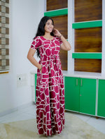 Rayon Geometric Print Front Gathering Full Frock with Layer Sleeve - Mangai Nighties