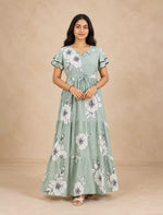 Rayon Floral Print Full Frock with Front Gathering Tie Rope - Mangai Nighties