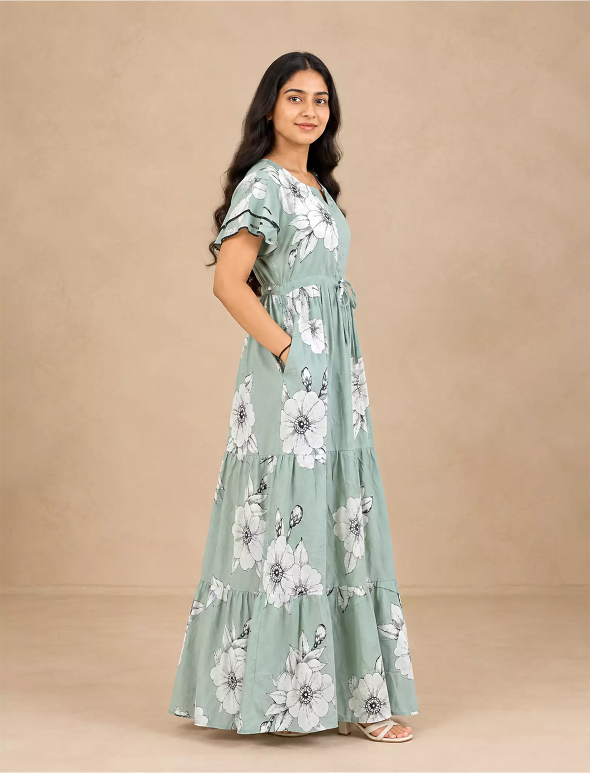 Rayon Floral Print Full Frock with Front Gathering Tie Rope - Mangai Nighties