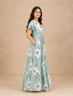 Rayon Floral Print Full Frock with Front Gathering Tie Rope - Mangai Nighties