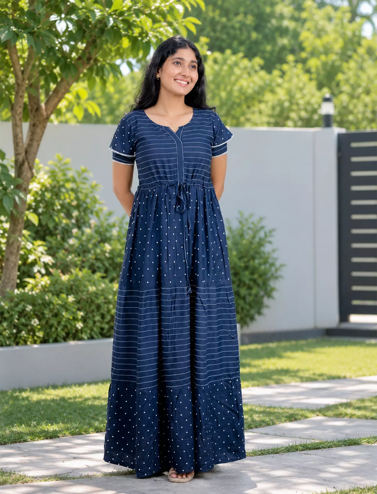 Rayon Stripe Dot Printed Full Frock with Layer Sleeves | Mangai Nighties