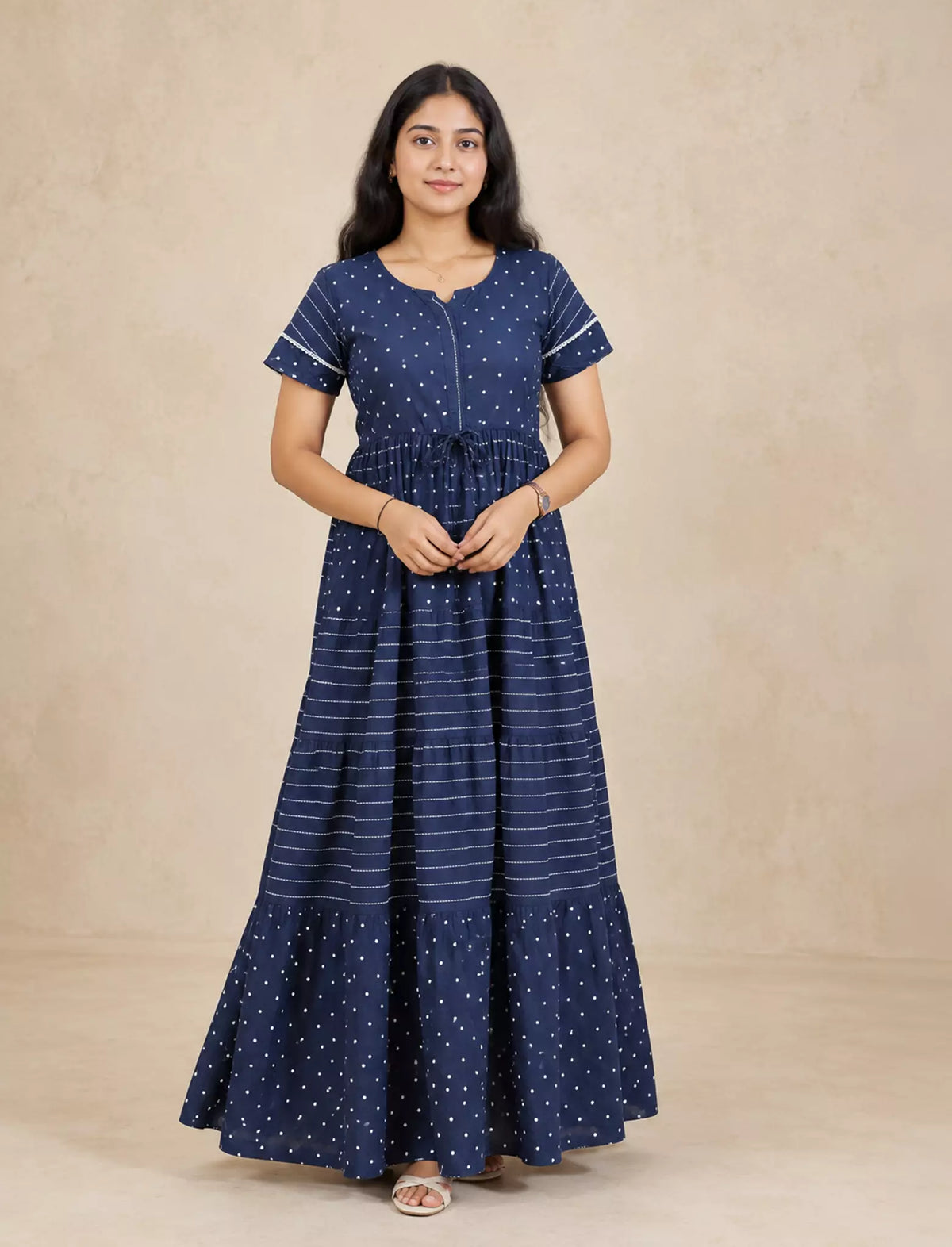 Rayon Stripe Dot Printed Full Frock with Layer Sleeves | Mangai Nighties