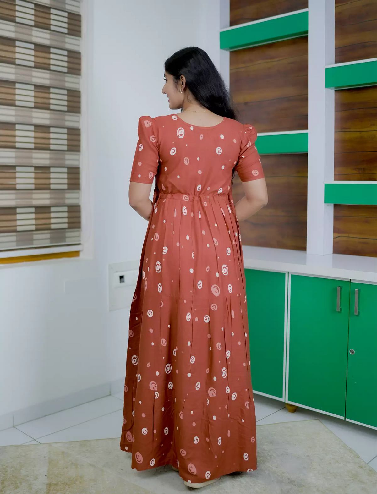 RayonAbstractCircle Print Front Gathering Rope Puff Sleeve Frock | Mangai Nighties