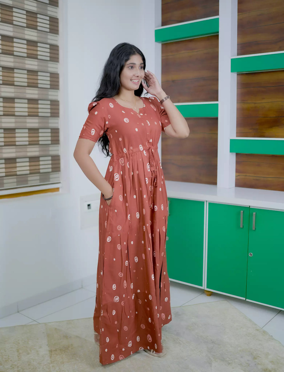 RayonAbstractCircle Print Front Gathering Rope Puff Sleeve Frock | Mangai Nighties