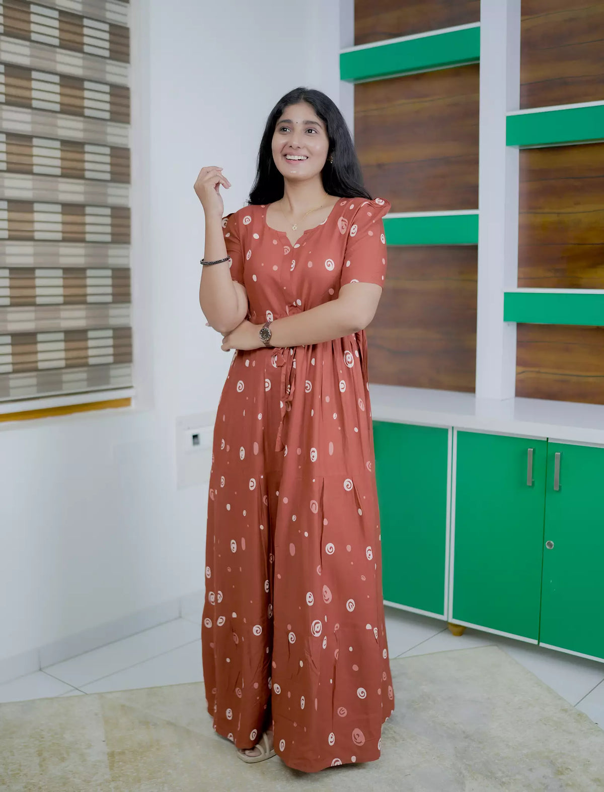 RayonAbstractCircle Print Front Gathering Rope Puff Sleeve Frock | Mangai Nighties