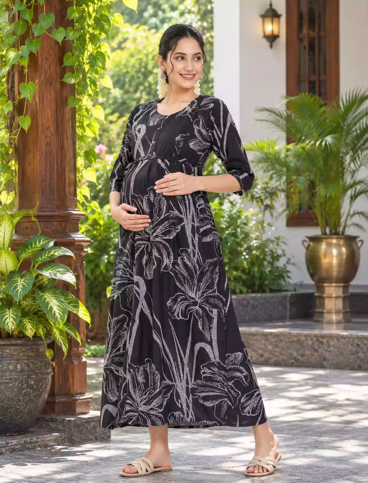 Women's Floral Rayon Maternity Frock with Feeding Zipper - Mangai Nighties