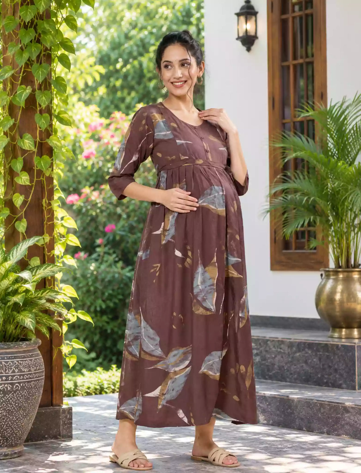 Nursing-Friendly Maternity Long Frock with Hidden Zip Closure - Mangai Nighties