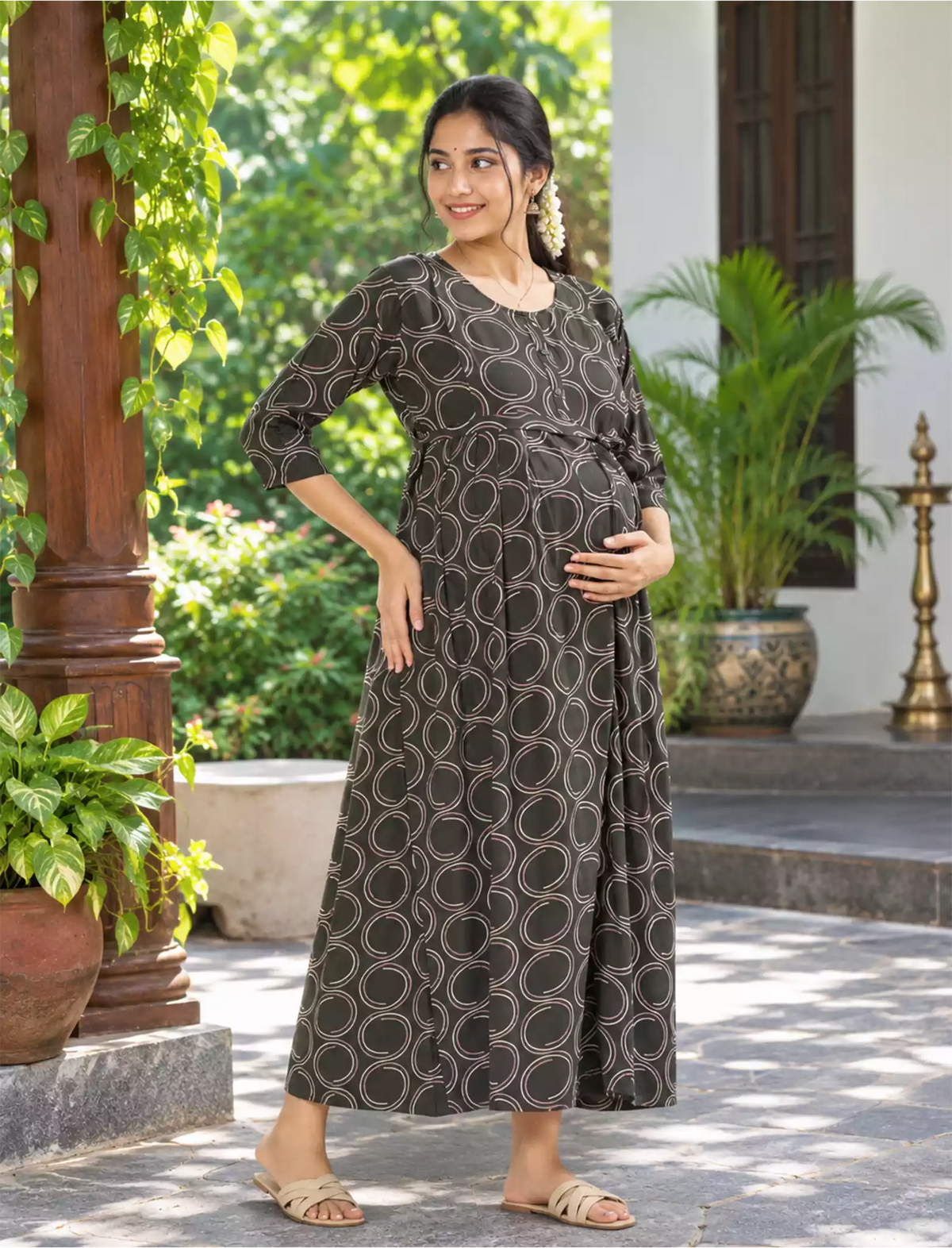 Maternity Feeding Long Frock with Invisible Nursing Zip & Back Tie Rope - Mangai Nighties