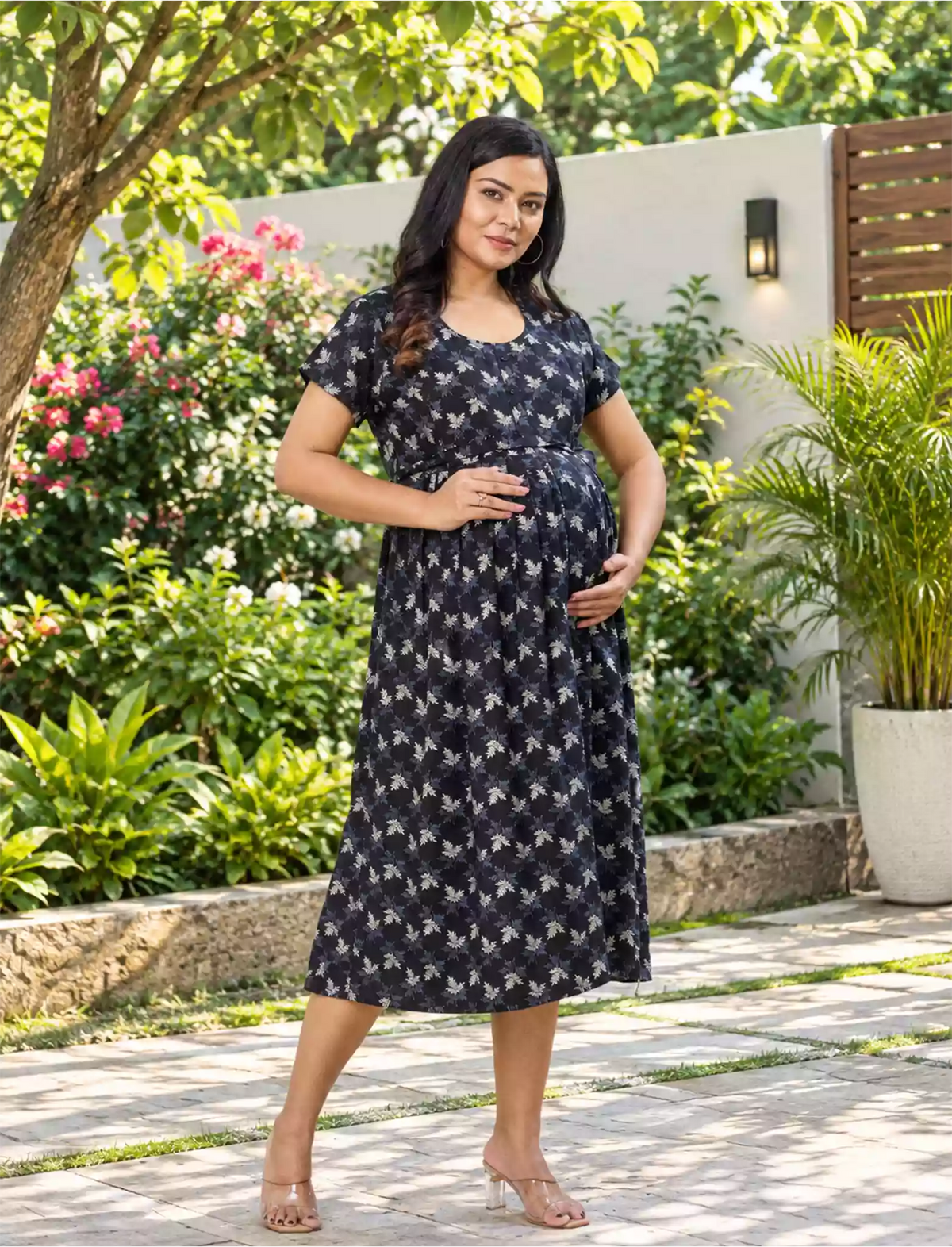 Floral Print Rayon Maternity Maxi with Adjustable Tie - Mangai Nighties