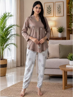 Brown Geometric Block Printed Rayon Co-Ord Set for Women - Mangai Nighties