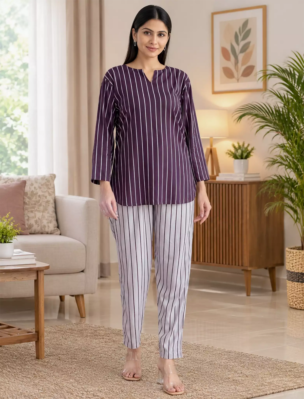 Brown Stripe Rayon Co-Ord Set for Women - Mangai Nighties