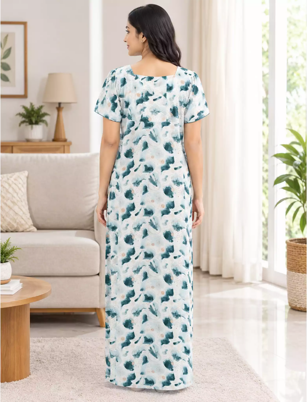 Women Abstract Printed Cotton Zipless Front Lace Nighty | Mangai Nighties