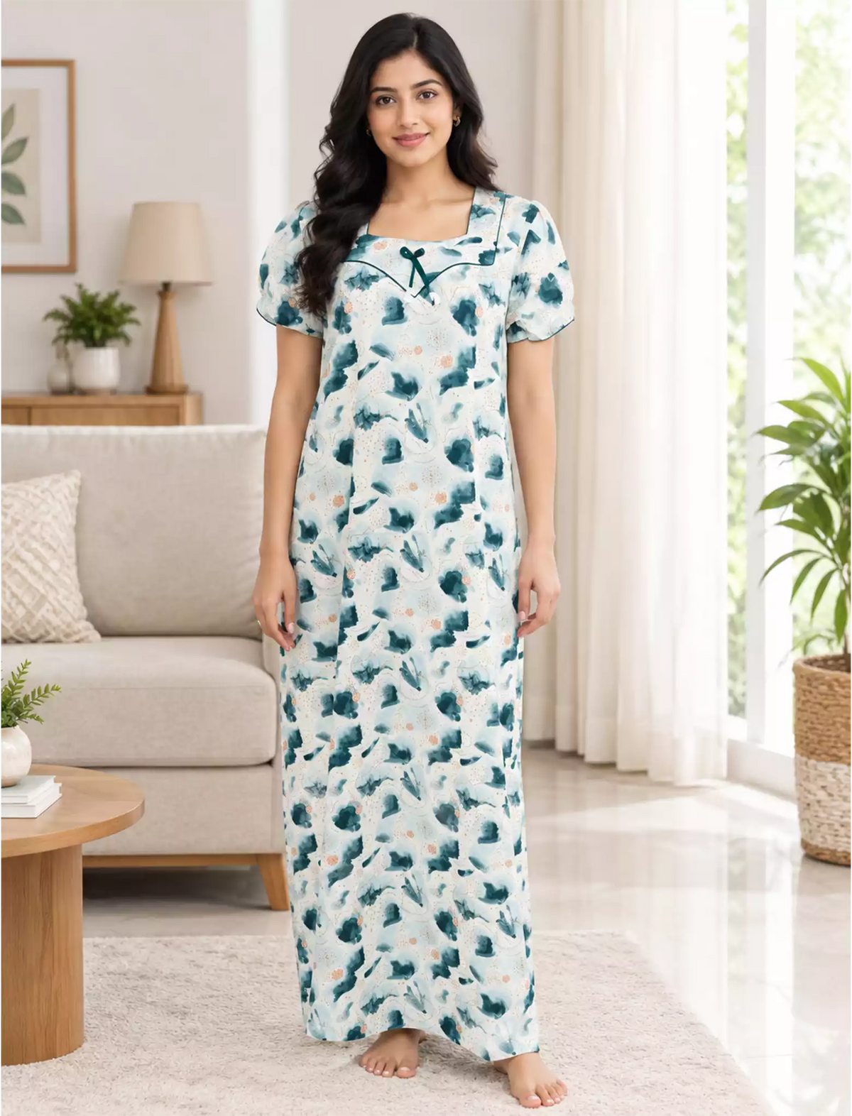 Women Abstract Printed Cotton Zipless Front Lace Nighty | Mangai Nighties