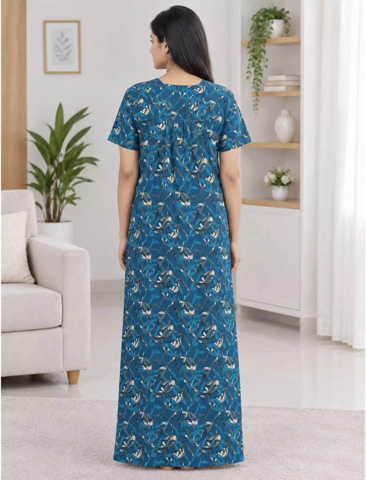 Cotton Foliage Printed Front Zip Nighty with Pleated Style - Mangai Nighties