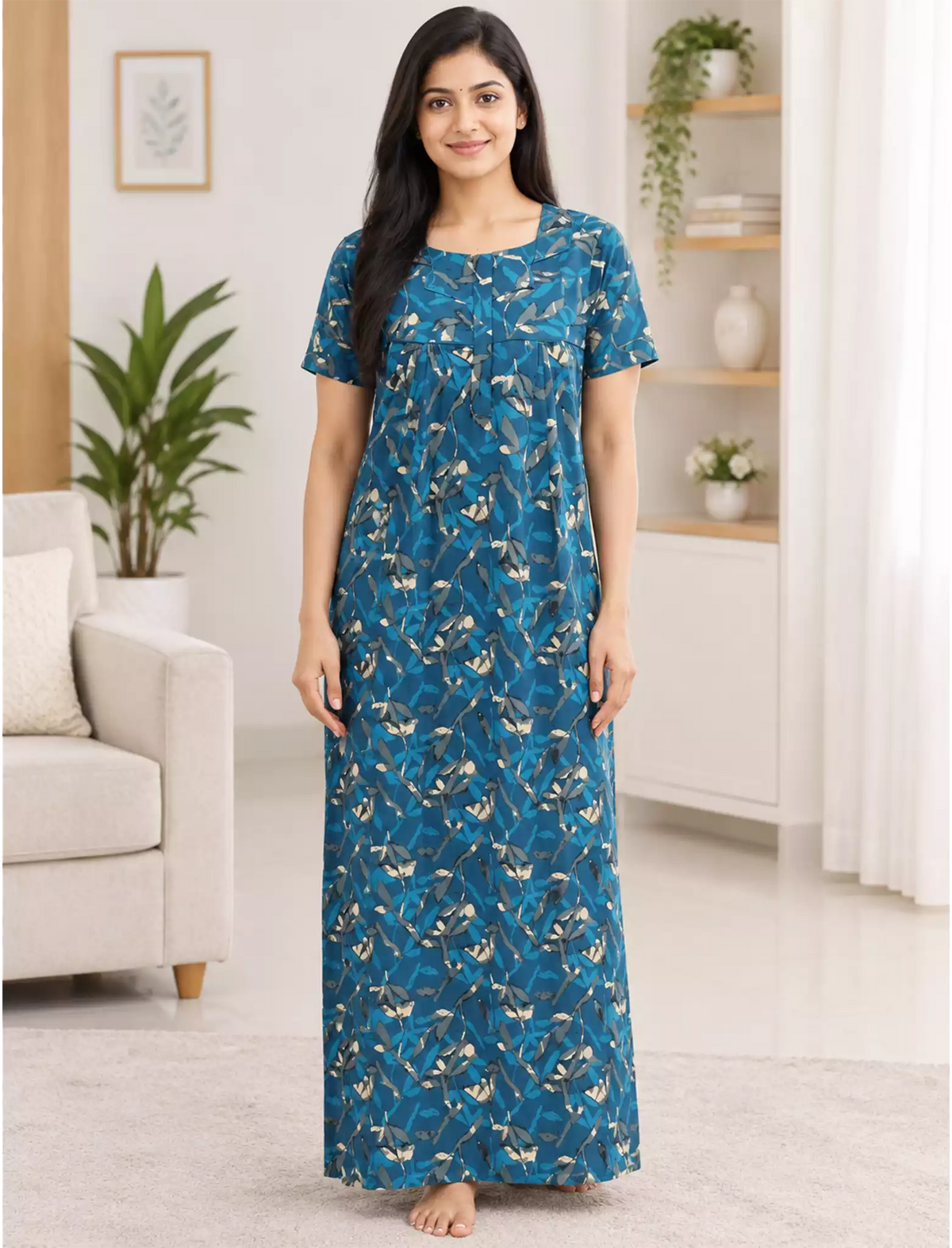 Cotton Foliage Printed Front Zip Nighty with Pleated Style - Mangai Nighties