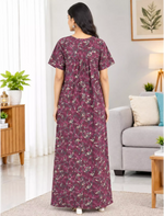 Cotton Foliage Printed Front Zip Nighty with Pleated Style - Mangai Nighties