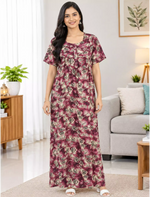 Women Leaf Printed Cotton Front Zip Pleated Nighty with Side Pocket - Mangai Nighties