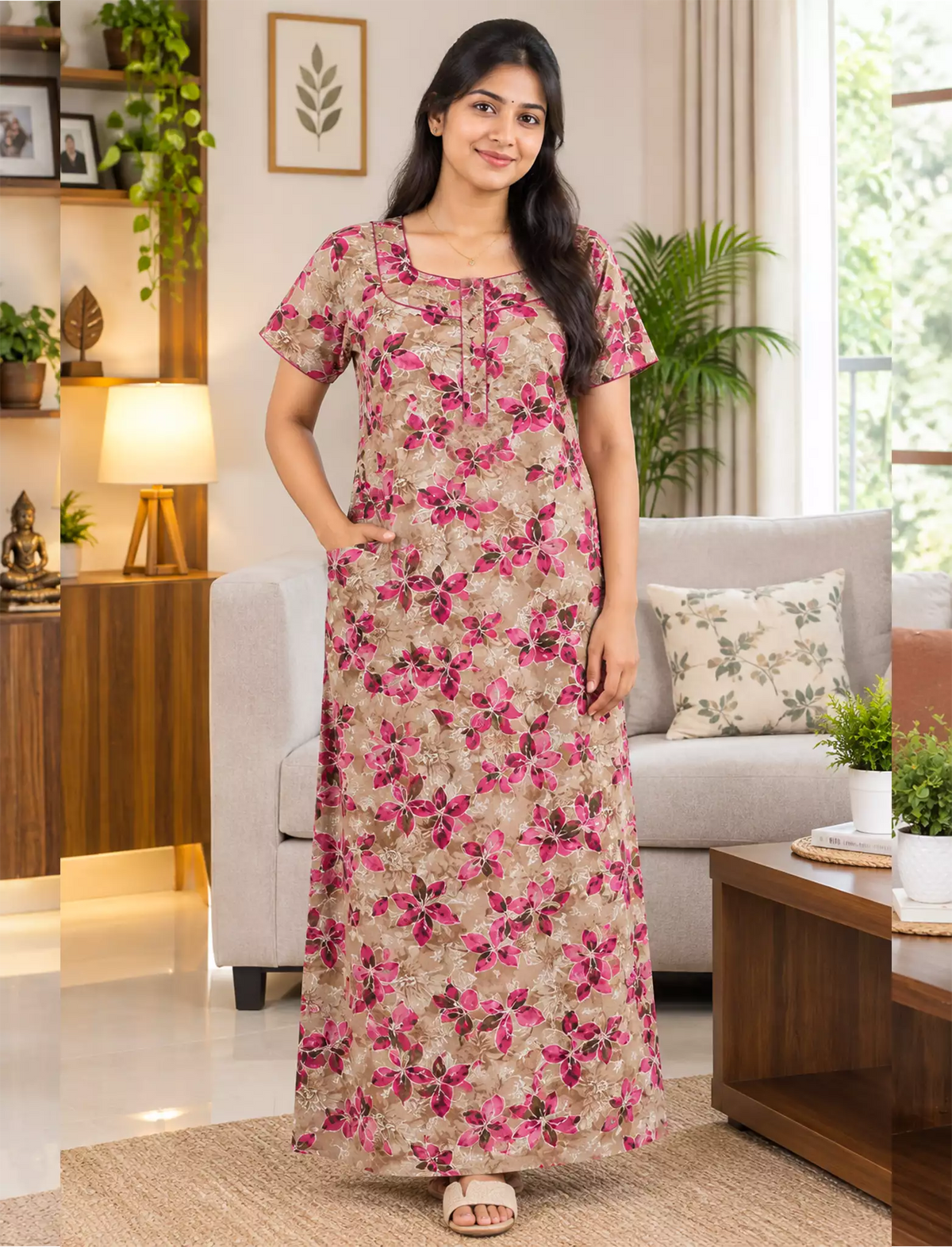 MANGAI Premium Cotton 60Inch Nighties - Fancy Neck - Mangai Nighties
