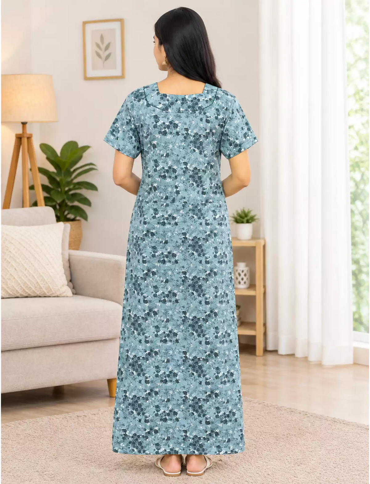 Women Floral Printed Cotton Zipless Front Lace Nighty | Mangai Nighties