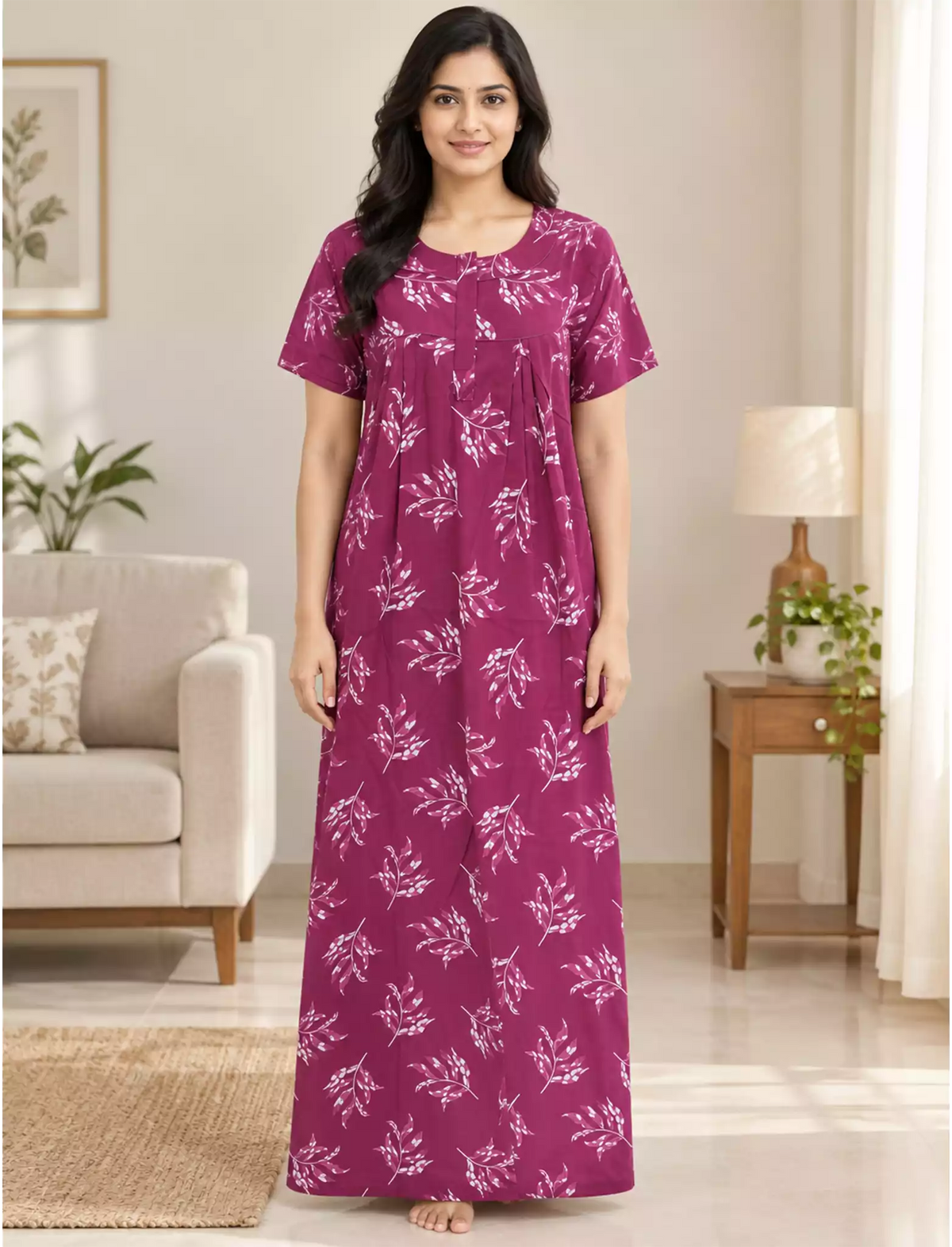 Women Vine Printed Cotton Front Zip Pleated Nighty with Side Pocket - Mangai Nighties