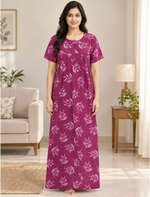 Women Vine Printed Cotton Front Zip Pleated Nighty with Side Pocket - Mangai Nighties