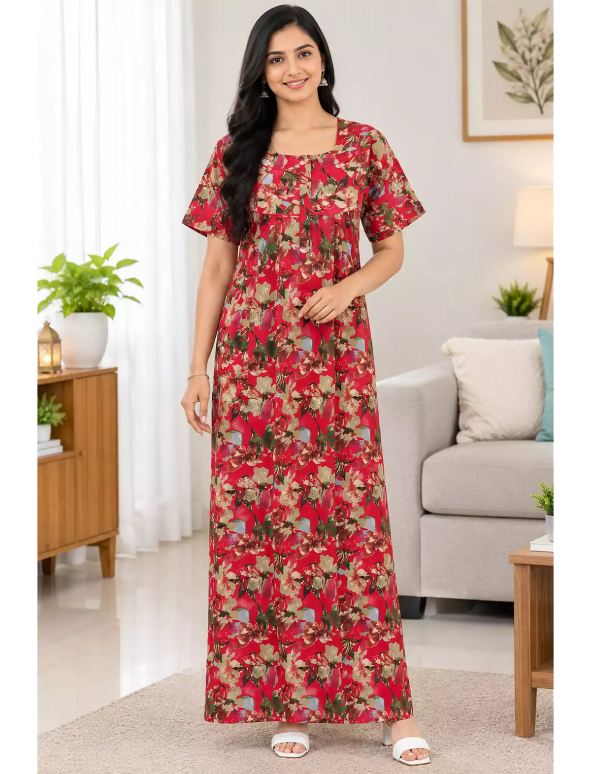 Cotton Floral Printed Front Zipper Pleated Women Nighty with Side Pocket - Mangai Nighties