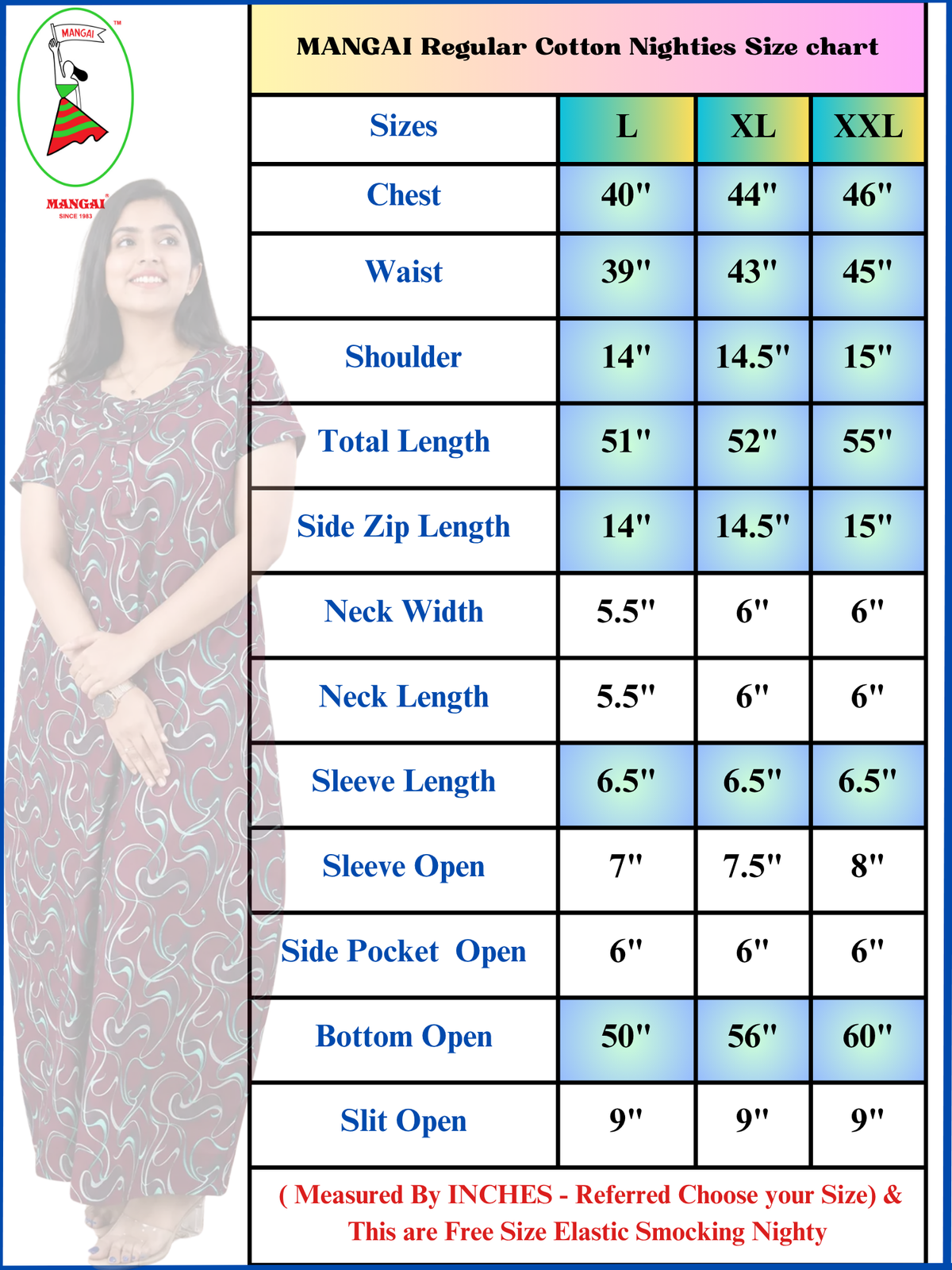 Regular Fit Premium Quality Cotton Nighty with Side Pocket - Mangai Nighties