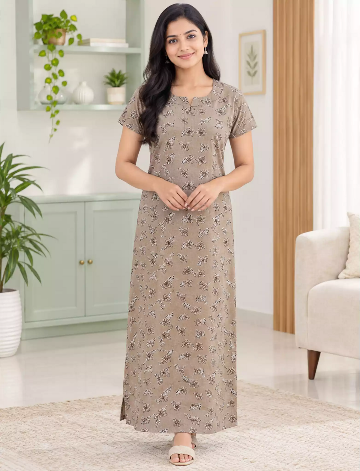Cotton Floral Printed Front Zip Pleated Nighty with Side Pocket | Mangai Nighties