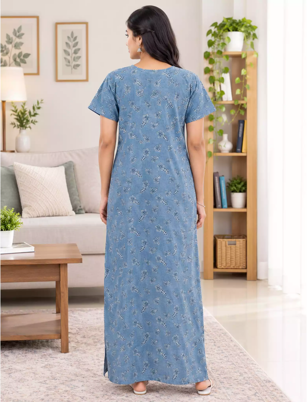 Cotton Floral Printed Front Zip Pleated Nighty with Side Pocket | Mangai Nighties
