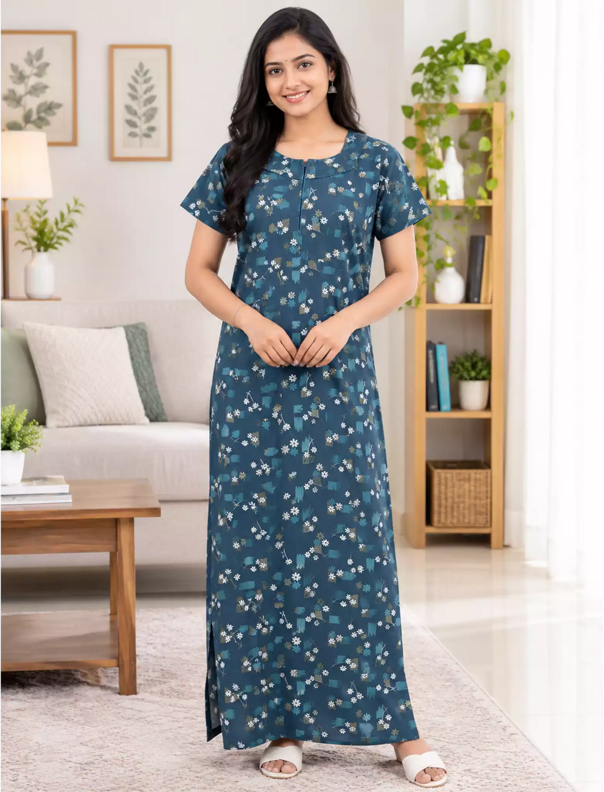 Cotton Floral Printed Cotton Front Zip Pleated Daily Wear Nighty | Mangai Nighties