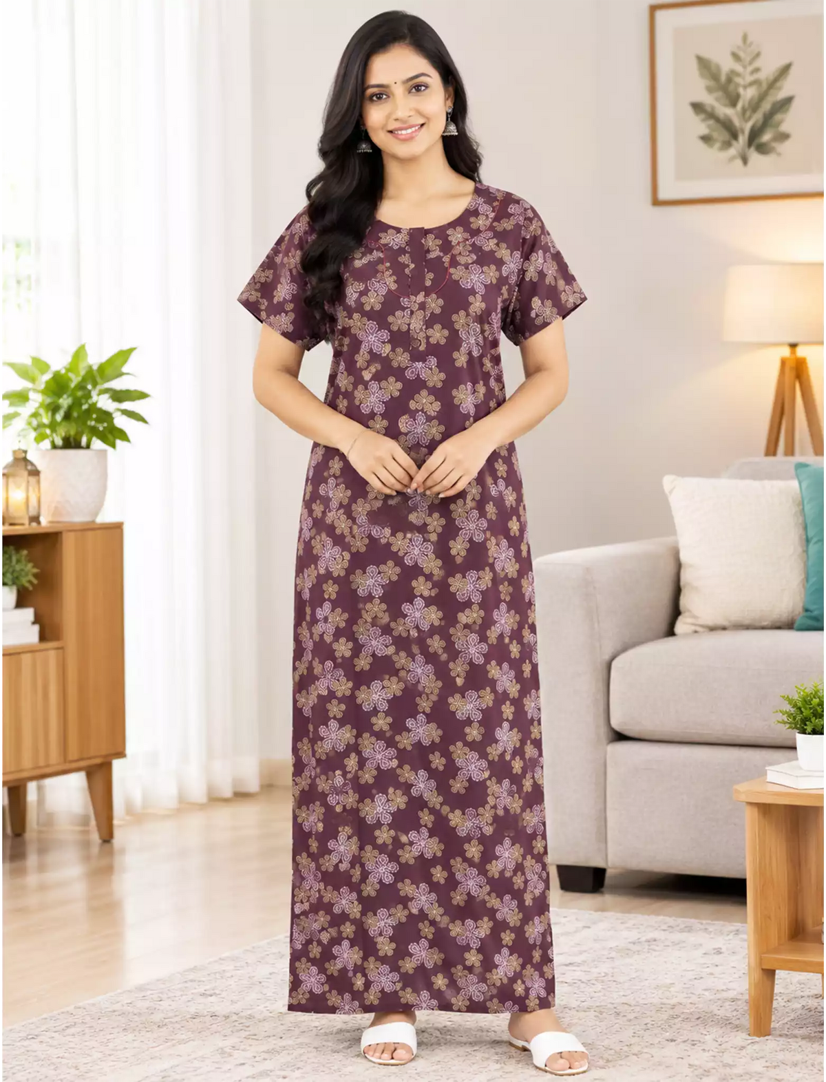 Women Floral Printed Cotton Front Zip Pleated Nighty with Side Pocket | Mangai Nighties